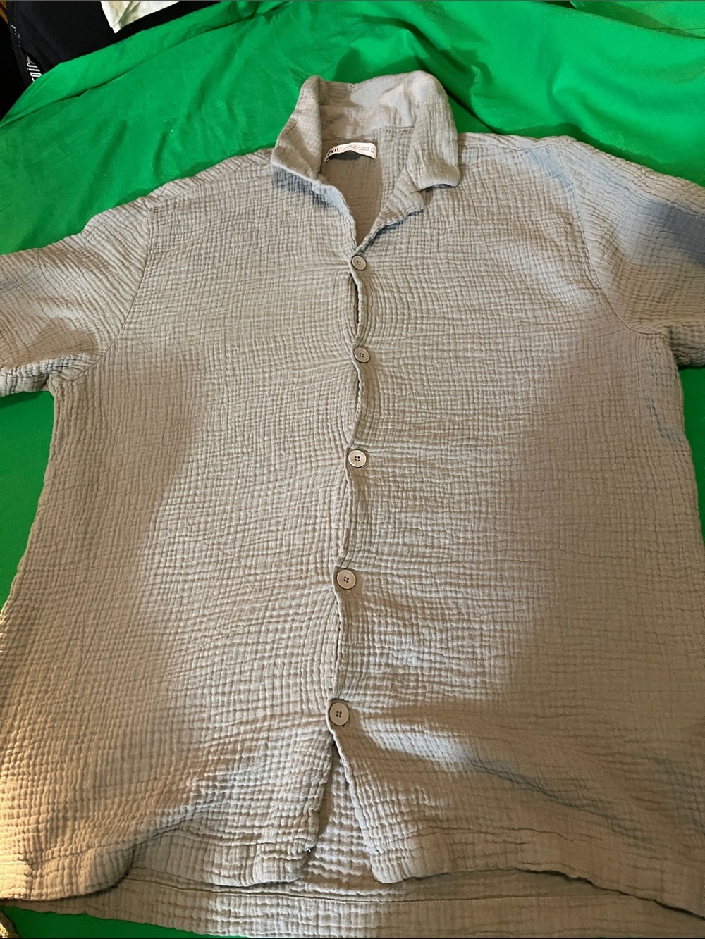 Zara Light GreenTextured Short-Sleeve Button-Down Shirt
